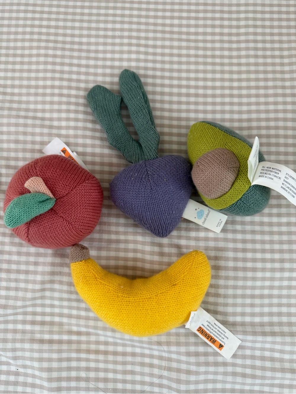 Bundle of 4 Cloud Island Knit veggie and fruit baby rattles